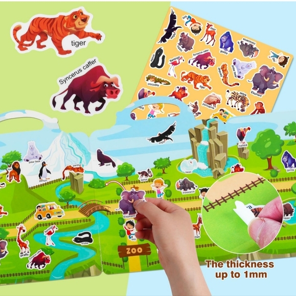 🍎🐅🐯 New Kids Reusable Stickers Book Zoo Park Animals 🦓🐒🐯 - Picture 1 of 13